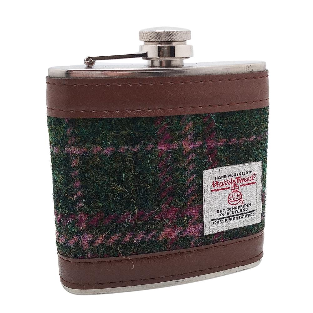 Harris Tweed Hip Flask Gift Set- Dark Green And Plum Check