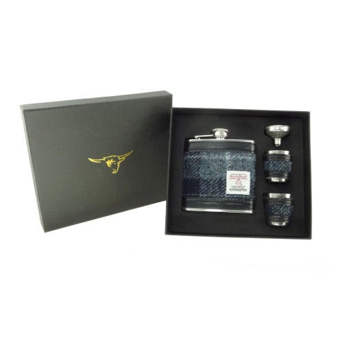 Harris Tweed Hip Flask Gift Set - Grey and Black Tartan - The Celtic Gift Store - Drinkware