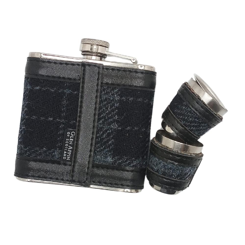 Harris Tweed Hip Flask Gift Set- Grey and Black Tartan