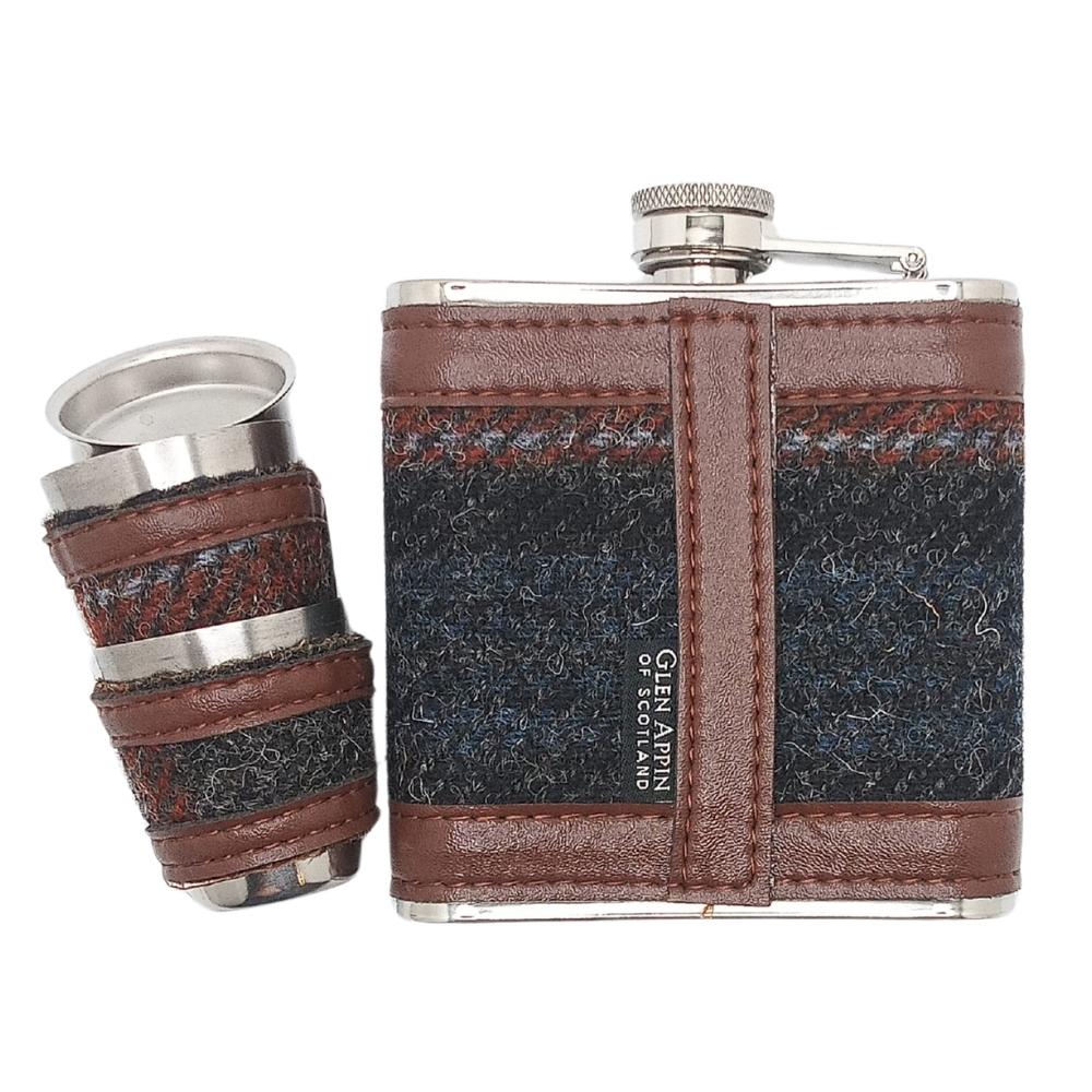 Harris Tweed Hip Flask Gift Set- Grey with Rust Overcheck