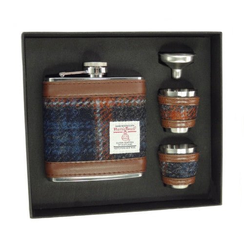 Harris Tweed Hip Flask Gift Set - Grey with Rust Overcheck - The Celtic Gift Store - Drinkware