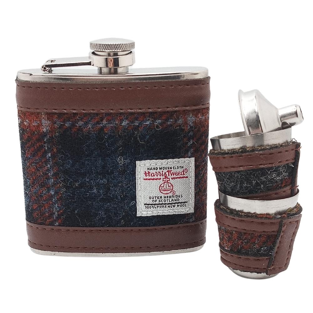 Harris Tweed Hip Flask Gift Set- Grey with Rust Overcheck