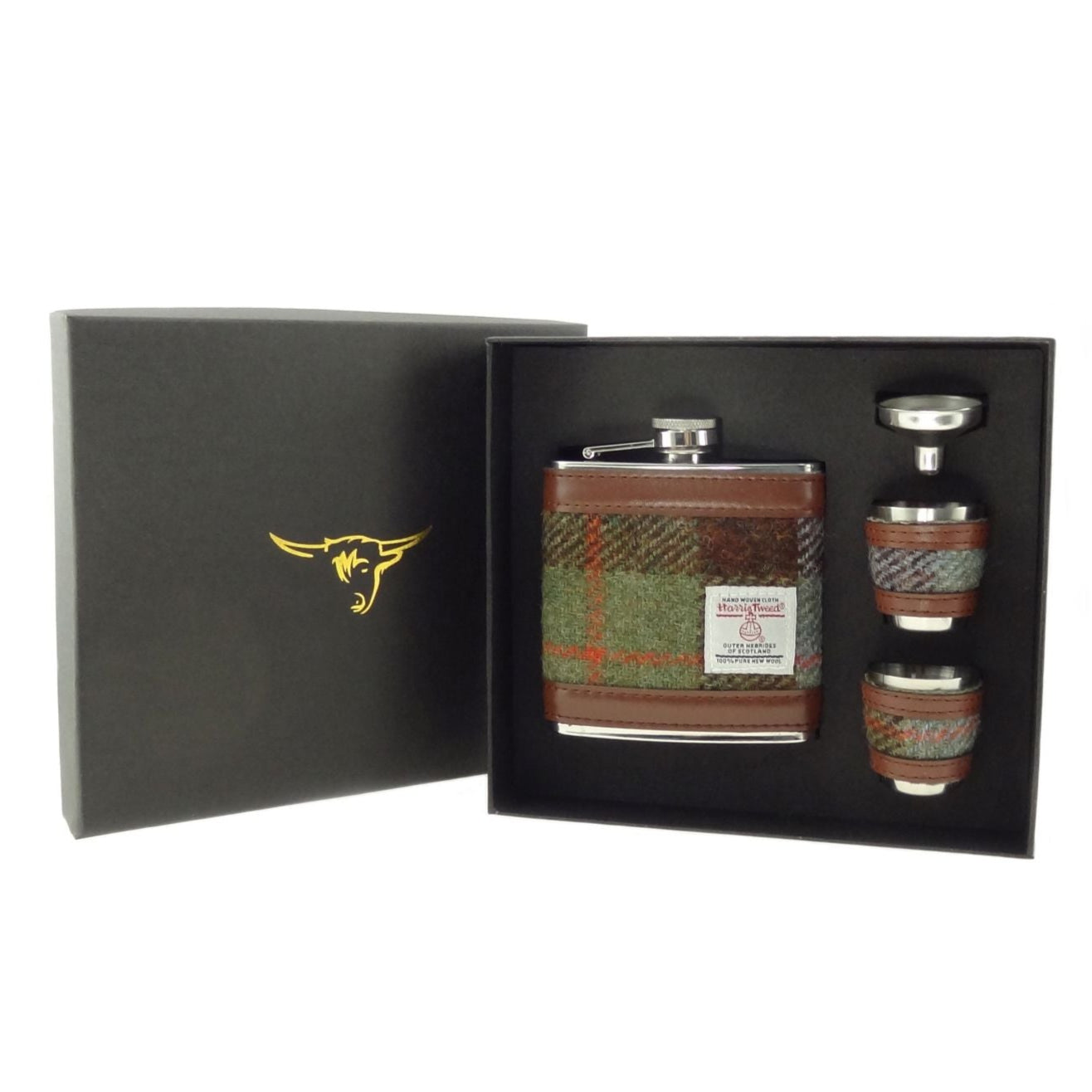 Harris Tweed Hip Flask Gift Set - MacLeod Tartan - The Celtic Gift Store - Drinkware