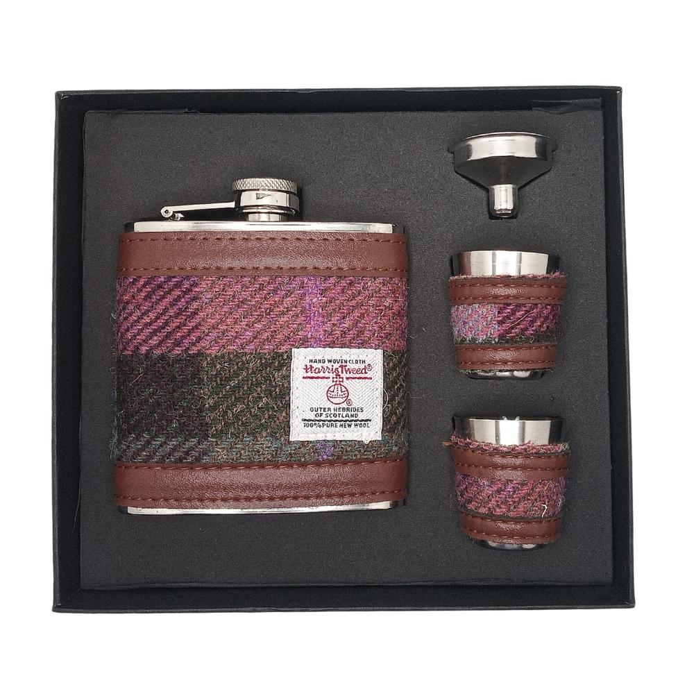 Harris Tweed Hip Flask Gift Set- Muted Green and Rose Pink Tartan