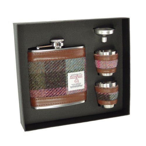 Harris Tweed Hip Flask Gift Set - Muted Green and Rose Pink Tartan - The Celtic Gift Store - Drinkware