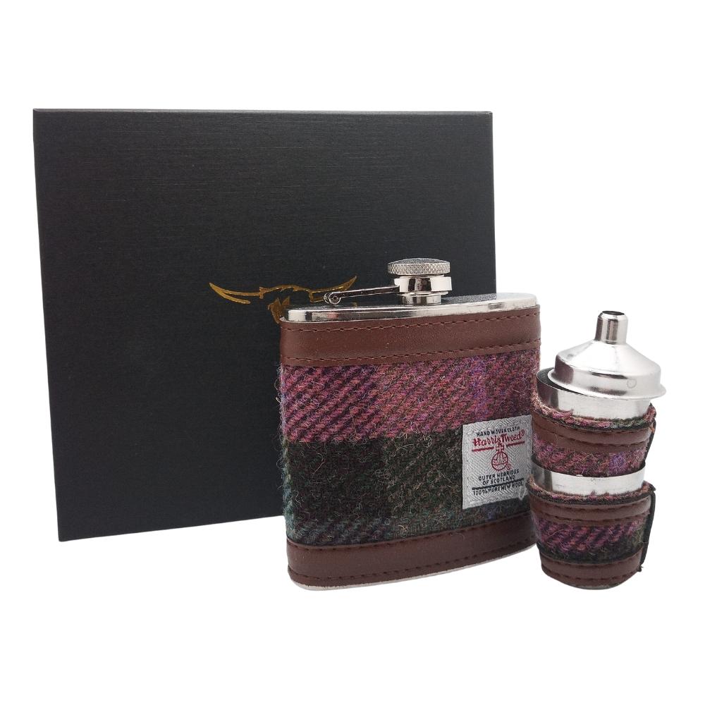 Harris Tweed Hip Flask Gift Set- Muted Green and Rose Pink Tartan
