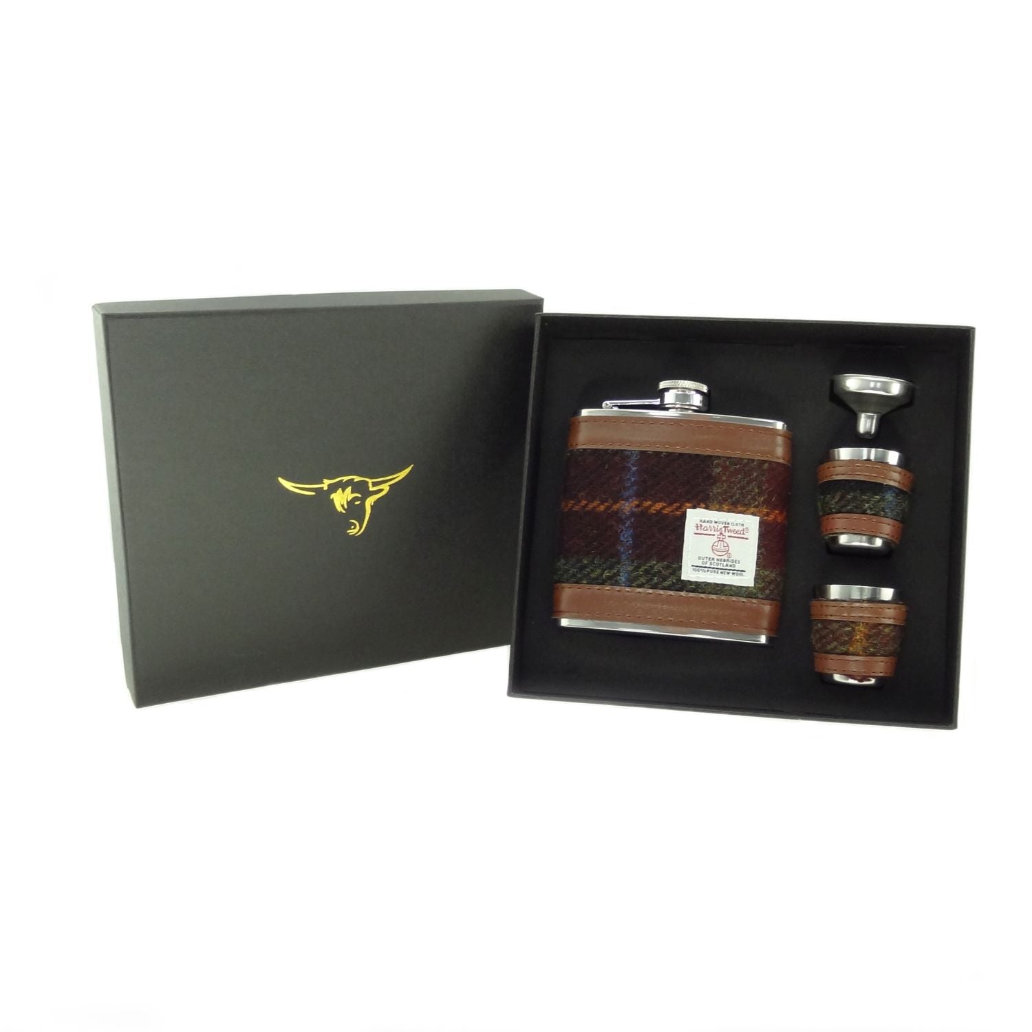 Harris Tweed Hip Flask Gift Set - Rust Check - The Celtic Gift Store - Drinkware