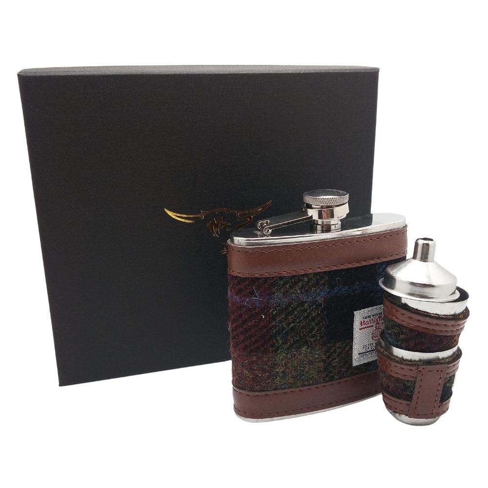 Harris Tweed Hip Flask Gift Set- Rust Check