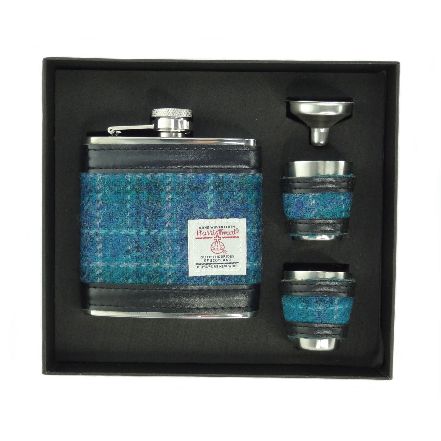 Harris Tweed Hip Flask Gift Set - Sea Blue Check - The Celtic Gift Store - Drinkware