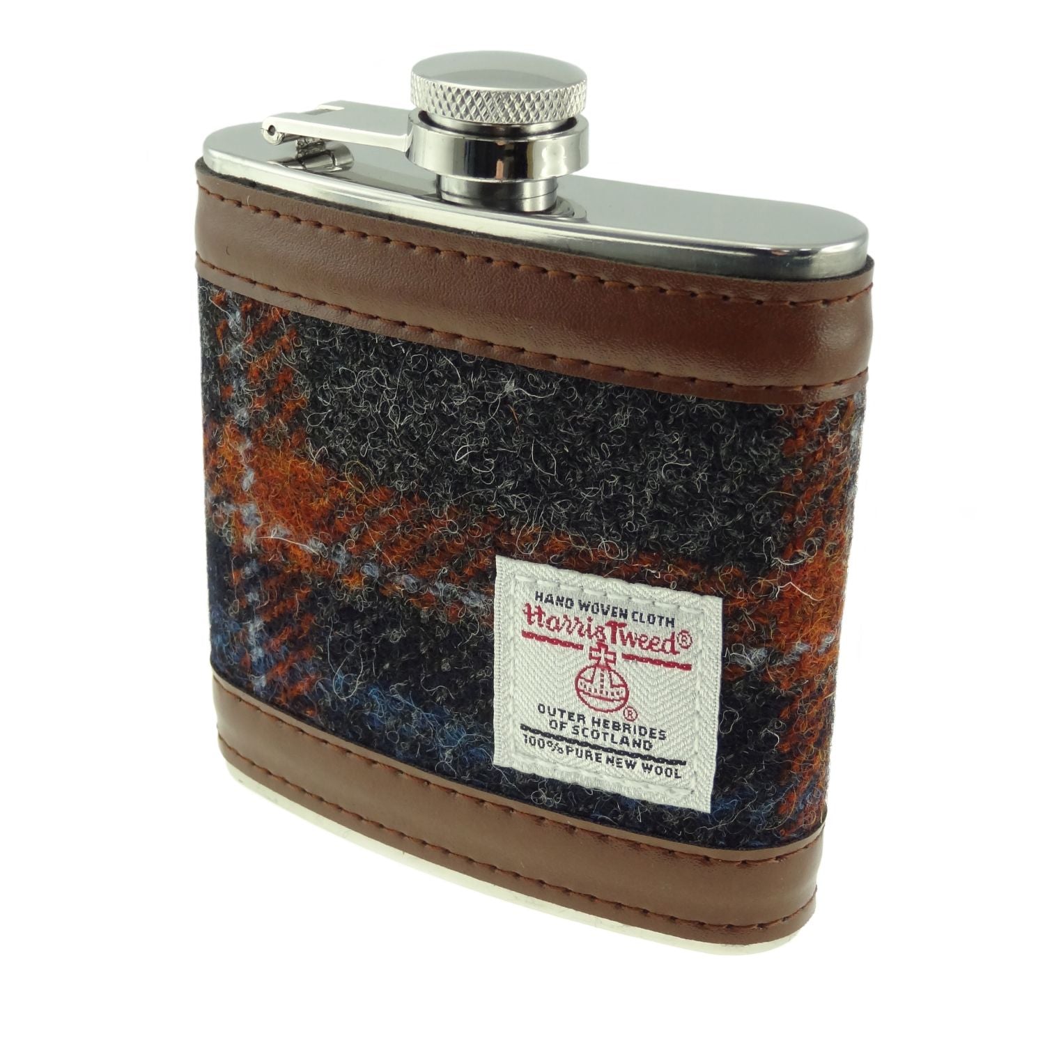 Harris Tweed Hip Flask - Grey with Rust Overcheck - The Celtic Gift Store - Drinkware