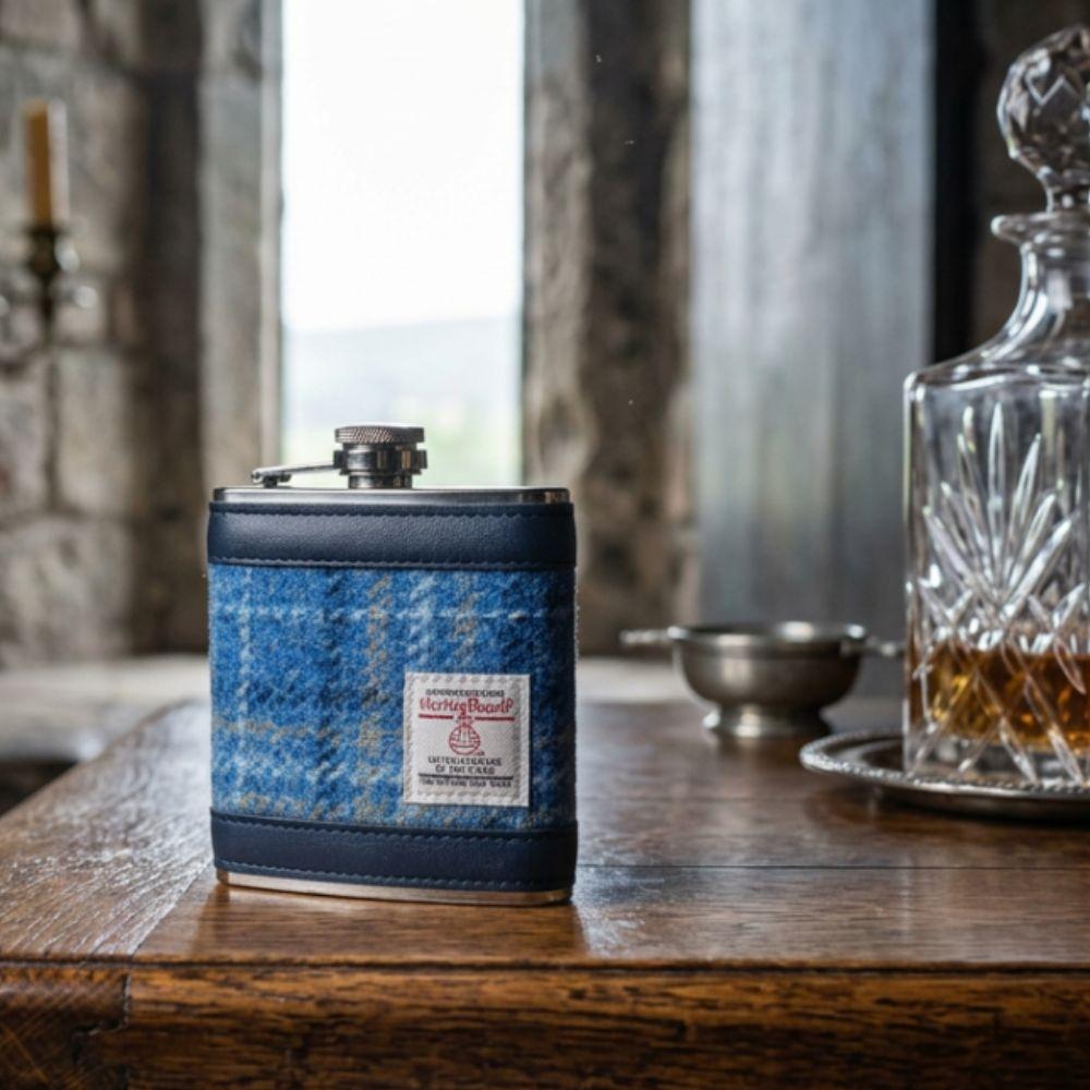 Harris Tweed Hip Flask - Light Blue Check