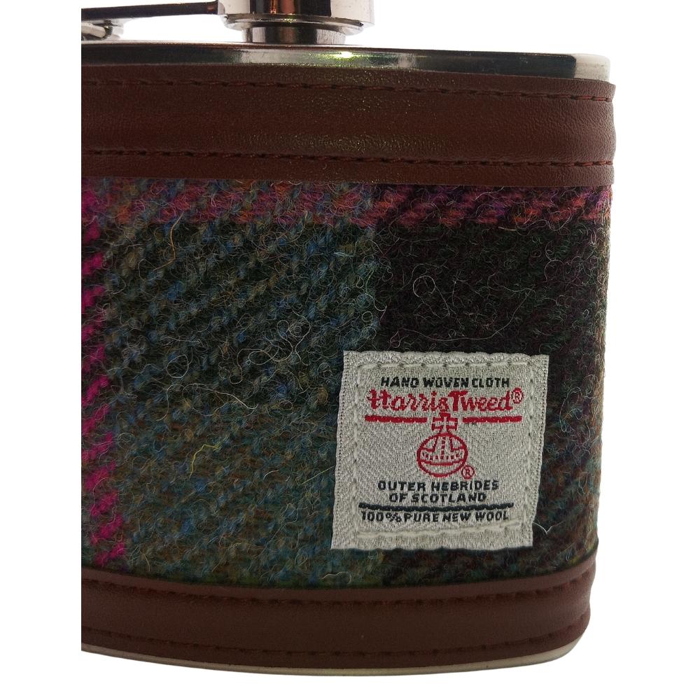 Harris Tweed Hip Flask- Muted Green and Rose Pink Tartan