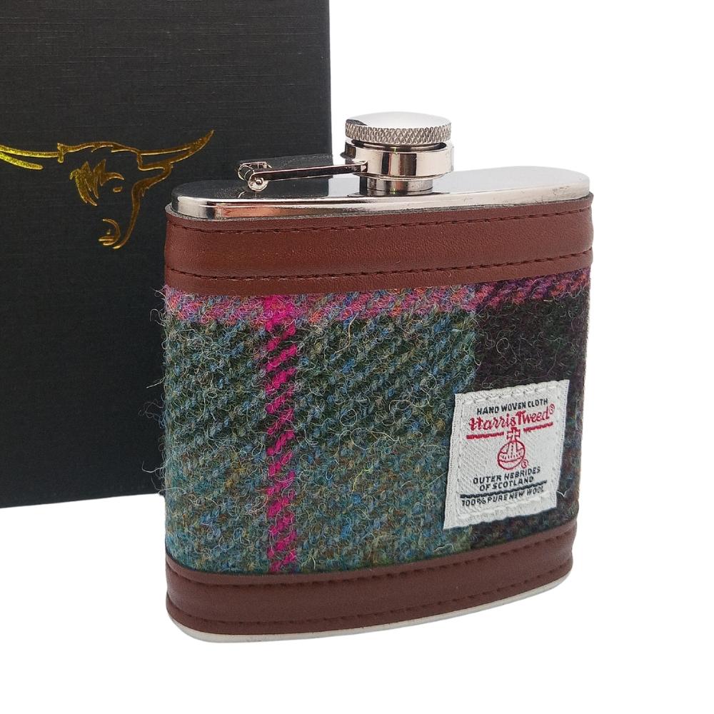 Harris Tweed Hip Flask- Muted Green and Rose Pink Tartan