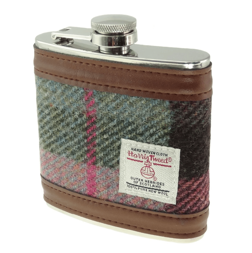 Harris Tweed Hip Flask - Muted Green and Rose Pink Tartan - The Celtic Gift Store - Drinkware