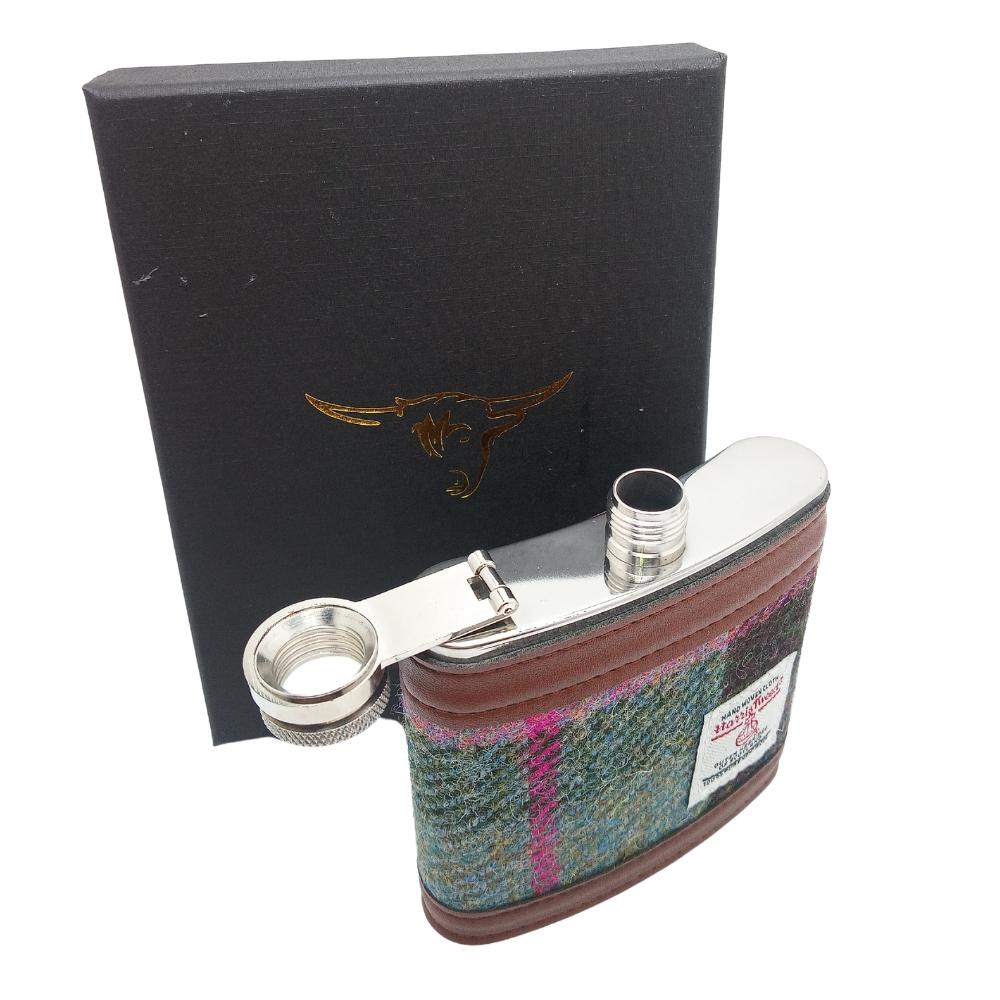 Harris Tweed Hip Flask- Muted Green and Rose Pink Tartan