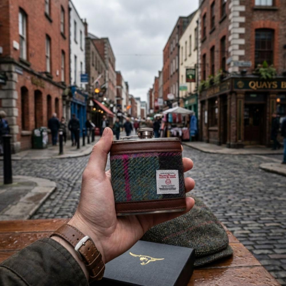 Harris Tweed Hip Flask- Muted Green and Rose Pink Tartan