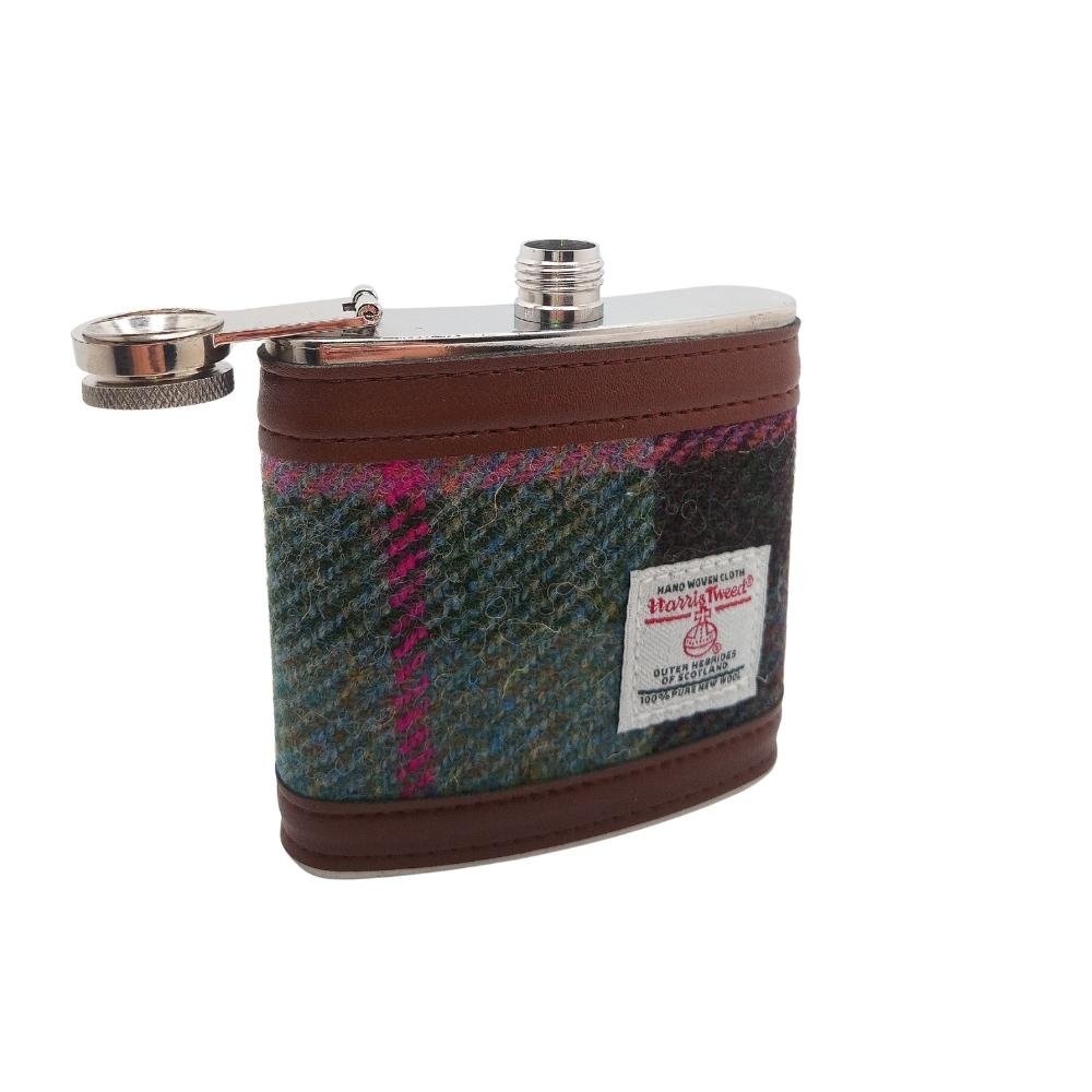 Harris Tweed Hip Flask- Muted Green and Rose Pink Tartan