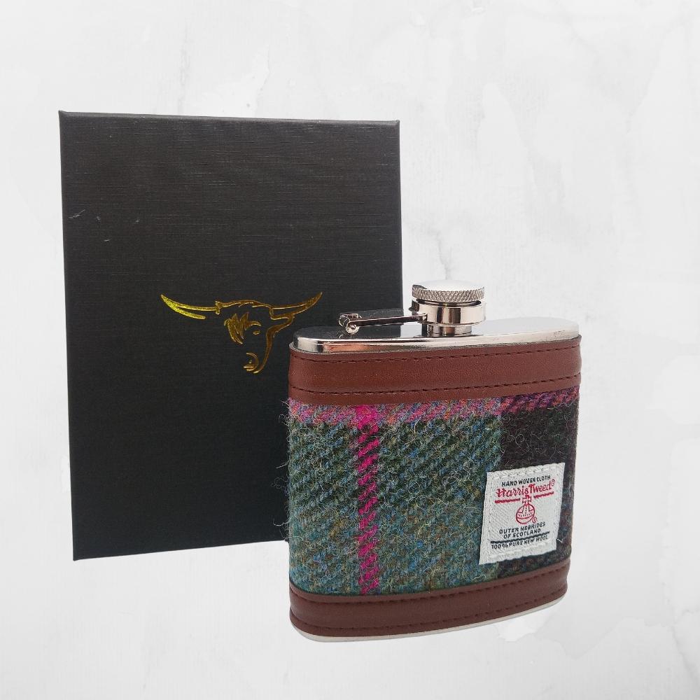 Harris Tweed Hip Flask- Muted Green and Rose Pink Tartan