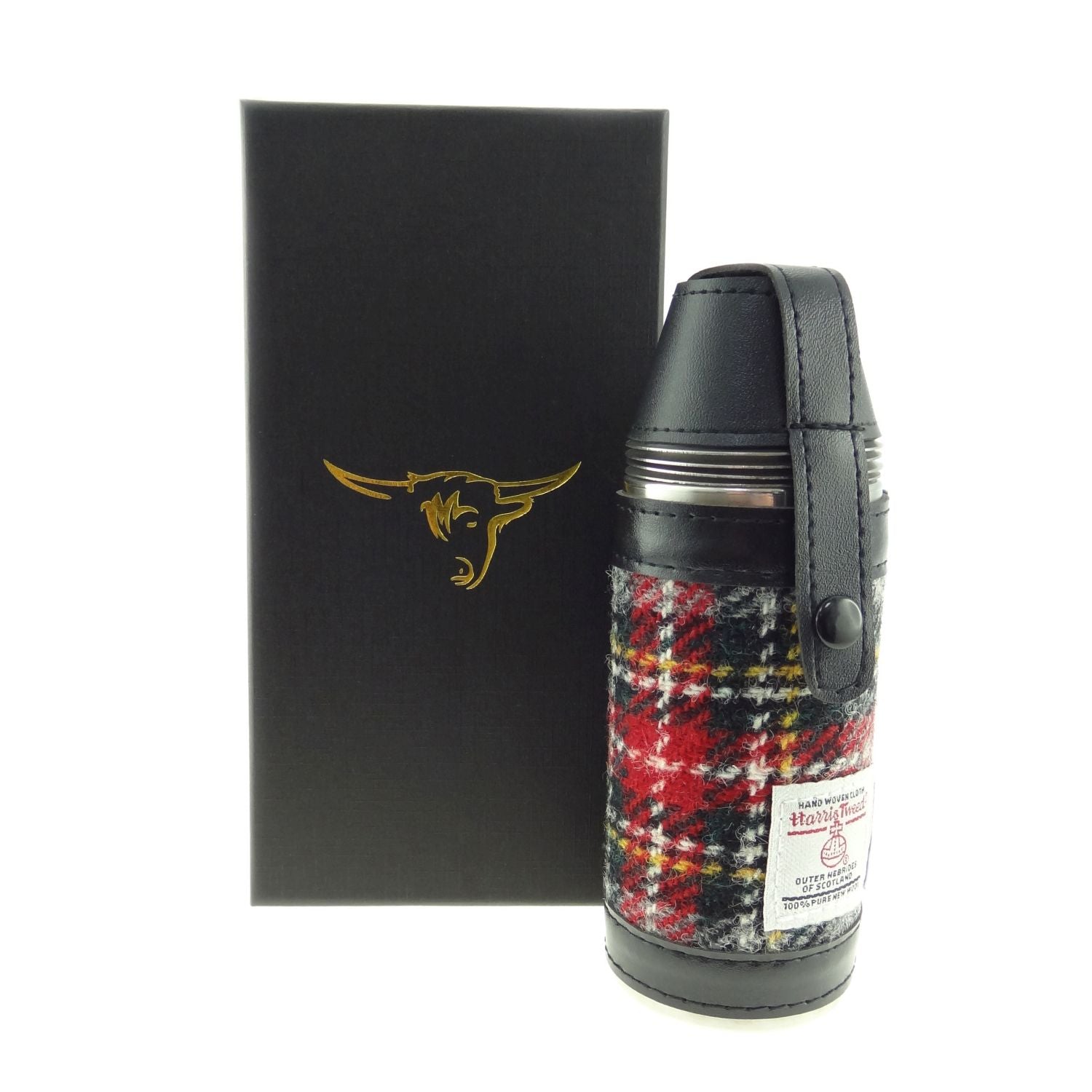 Harris Tweed Hunting Flask with Shot Glasses - Grey and Red Tartan - The Celtic Gift Store - Drinkware