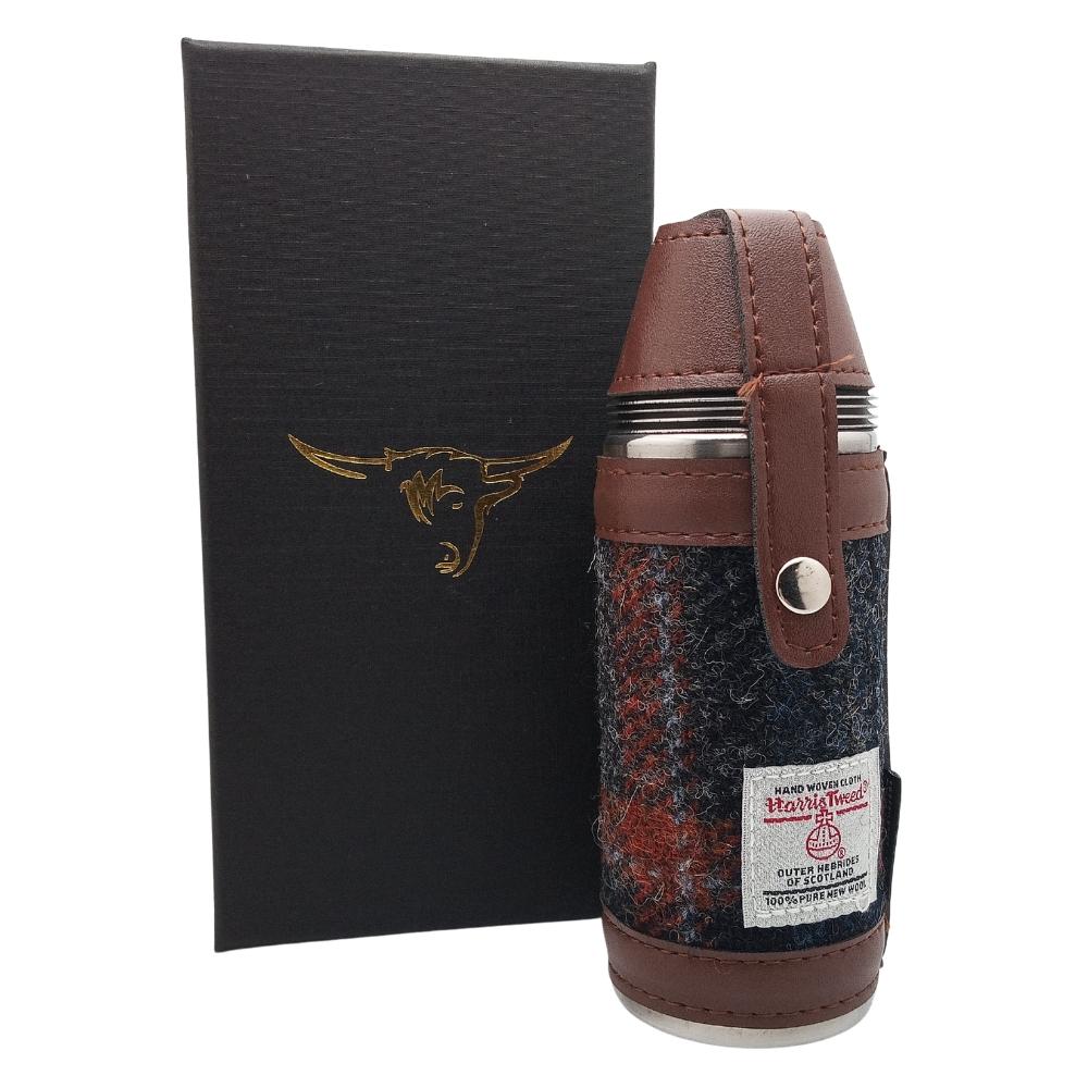 Harris Tweed Hunting Flask With Shot Glasses- Grey With Rust Overcheck