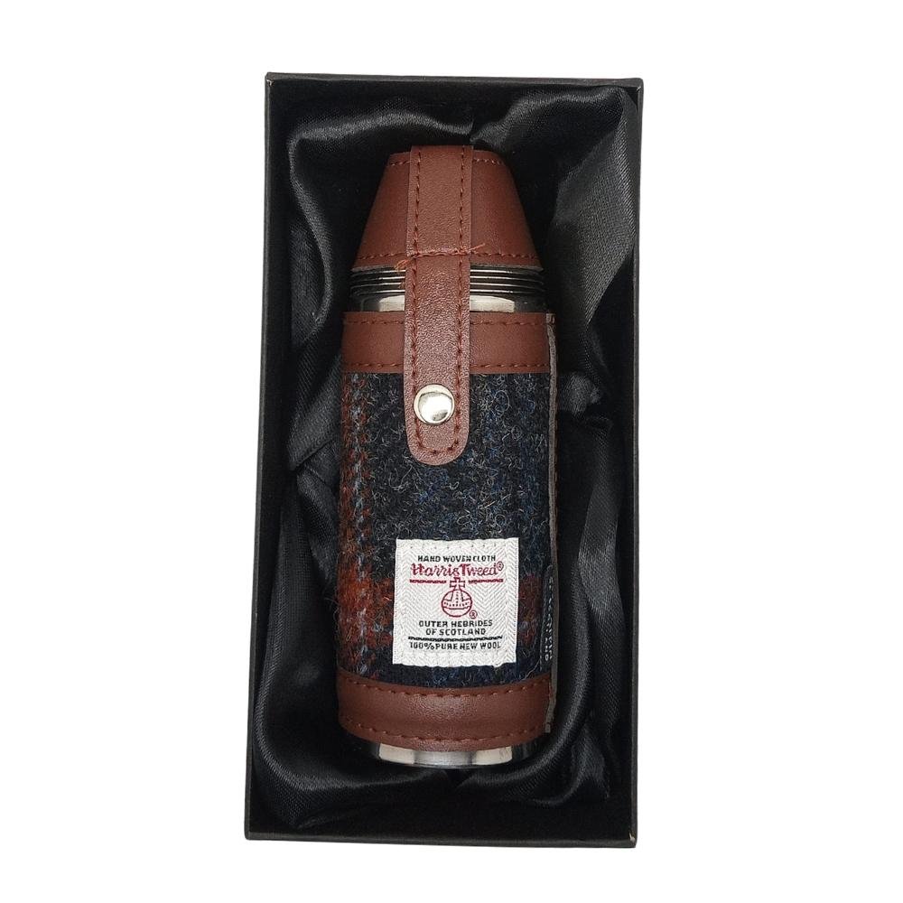 Harris Tweed Hunting Flask With Shot Glasses- Grey With Rust Overcheck