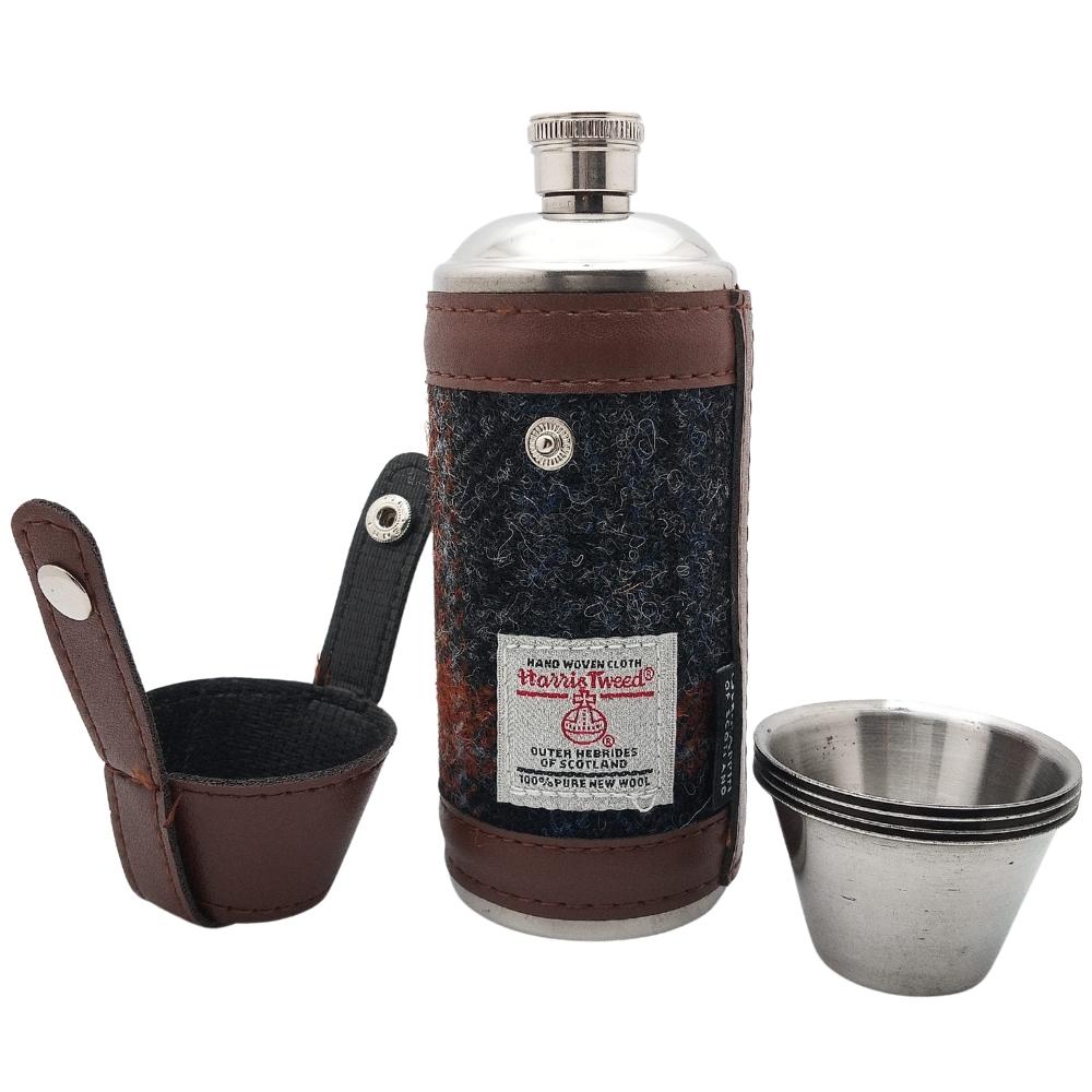 Harris Tweed Hunting Flask With Shot Glasses- Grey With Rust Overcheck