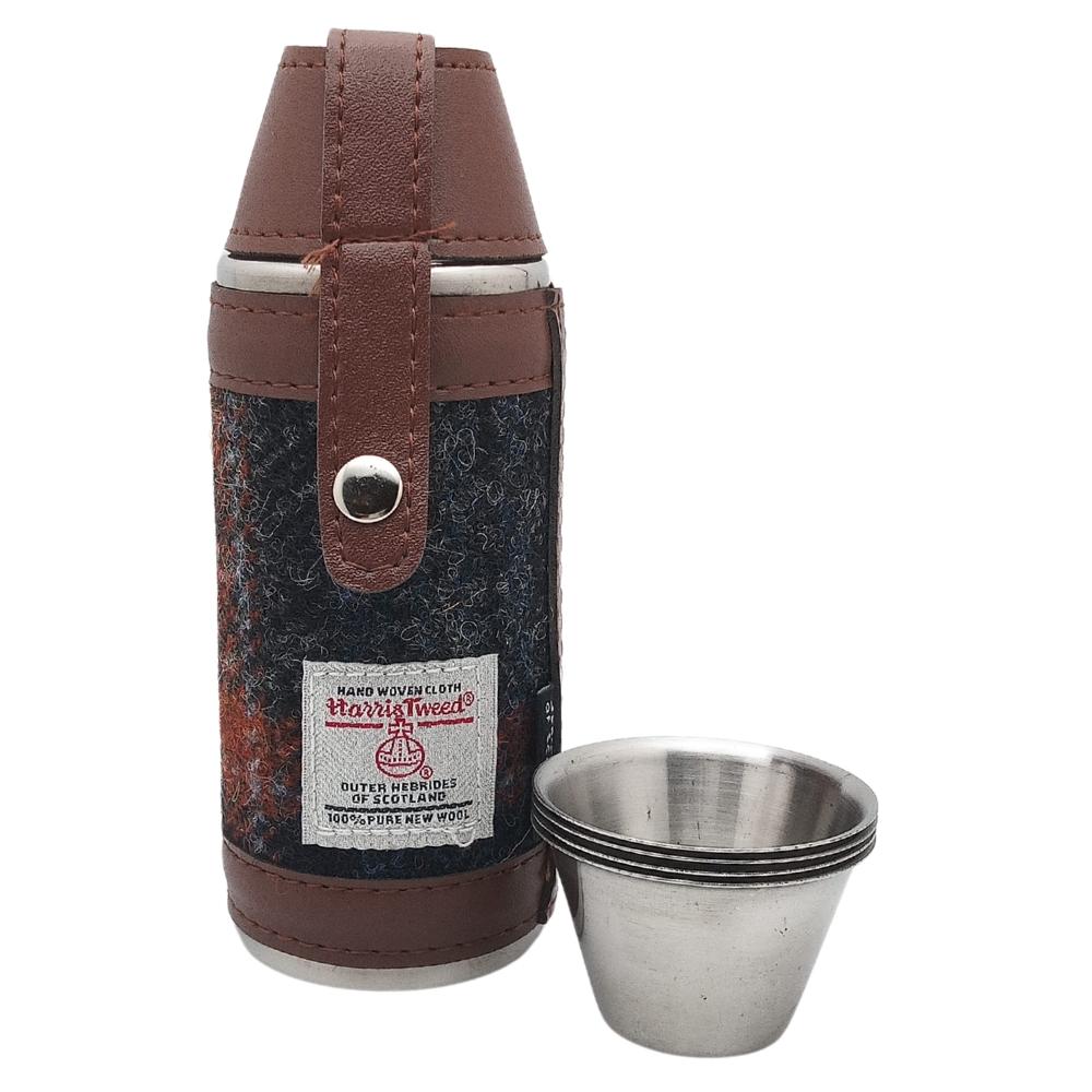 Harris Tweed Hunting Flask With Shot Glasses- Grey With Rust Overcheck