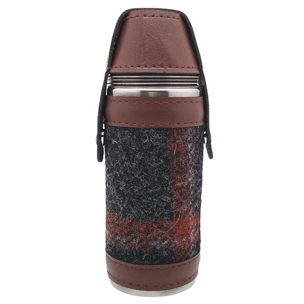 Harris Tweed Hunting Flask With Shot Glasses- Grey With Rust Overcheck