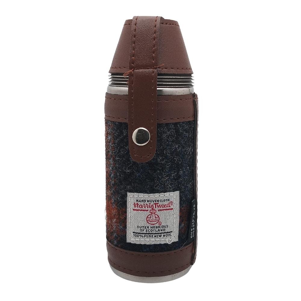 Harris Tweed Hunting Flask With Shot Glasses- Grey With Rust Overcheck