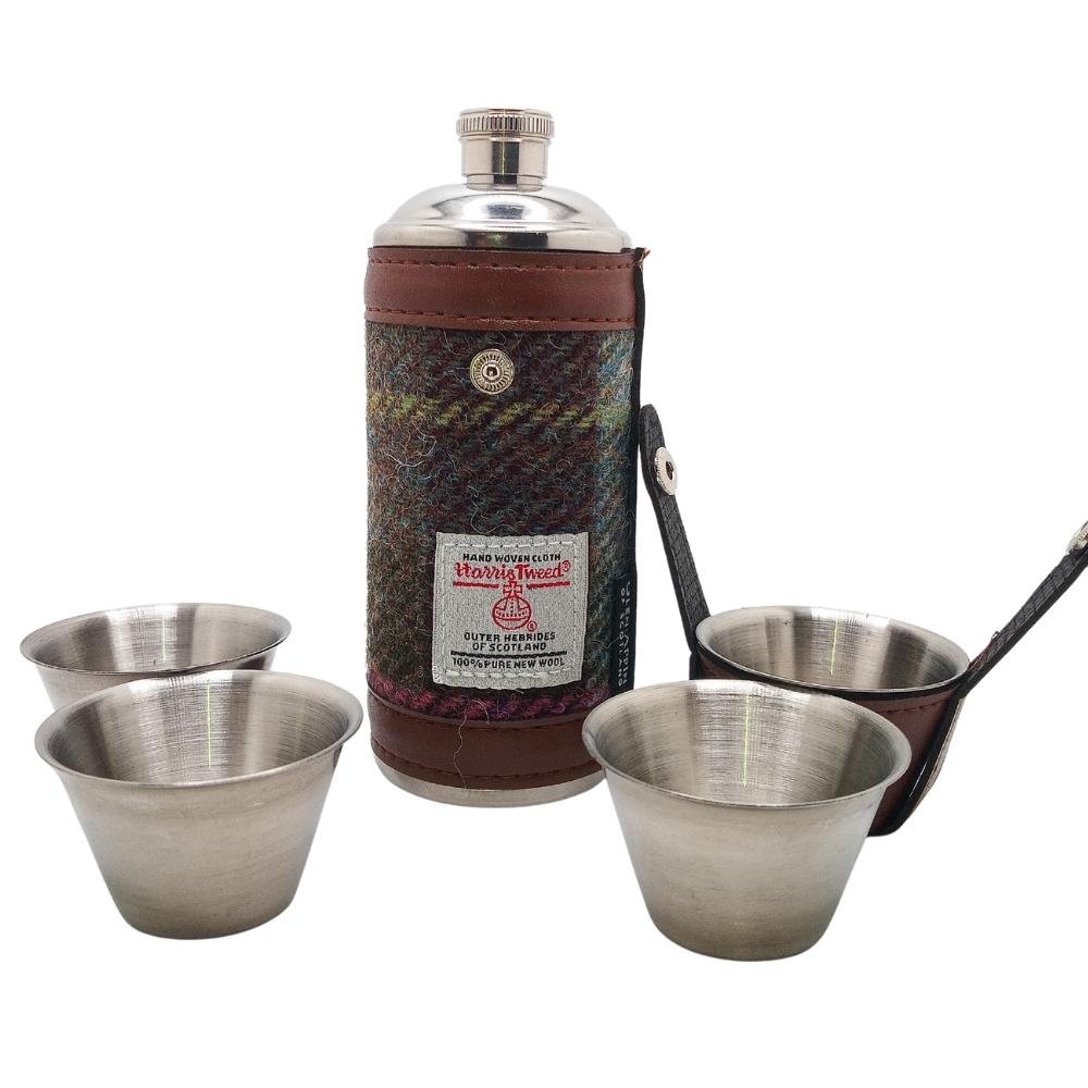 Harris Tweed Hunting Flask with Shot Glasses- Muted Green and Rose Pink Tartan