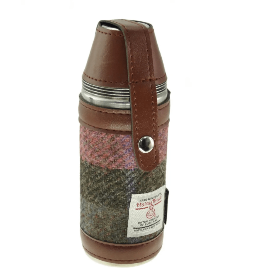 Harris Tweed Hunting Flask with Shot Glasses - Muted Green and Rose Pink Tartan - The Celtic Gift Store - Drinkware