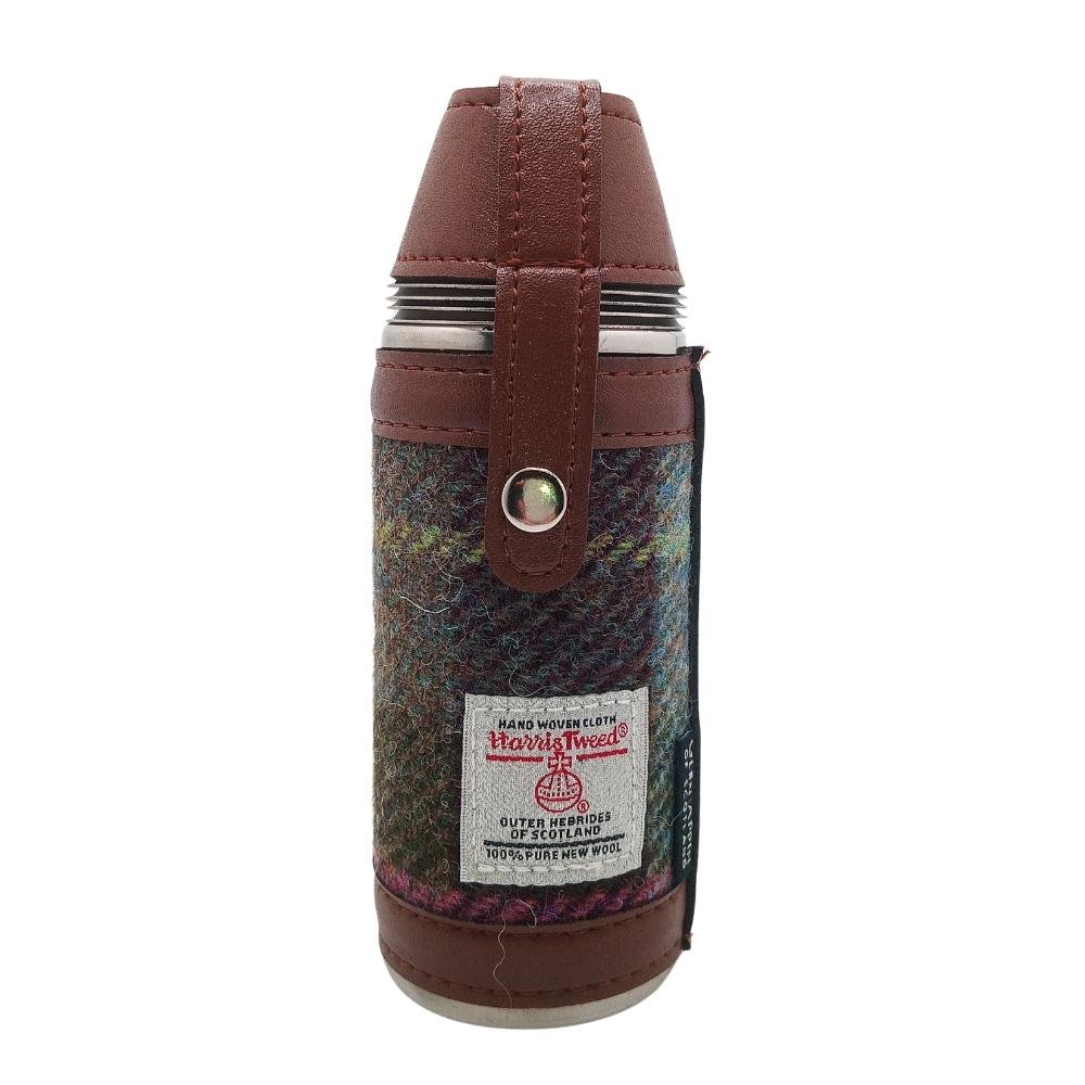 Harris Tweed Hunting Flask with Shot Glasses- Muted Green and Rose Pink Tartan