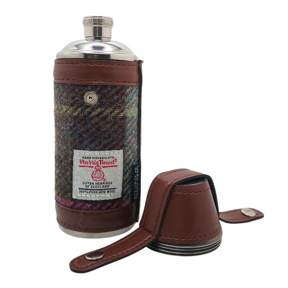 Harris Tweed Hunting Flask with Shot Glasses- Muted Green and Rose Pink Tartan