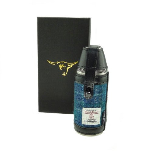 Harris Tweed Hunting Flask with Shot Glasses - Sea Blue Check - The Celtic Gift Store - Drinkware
