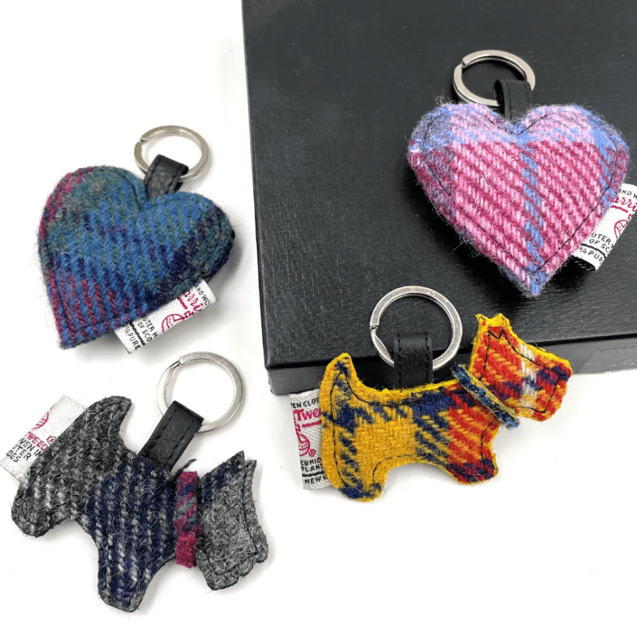 Harris Tweed Scottie Dog Keyring - Pink and Blue Tartan - The Celtic Gift Store - Gift
