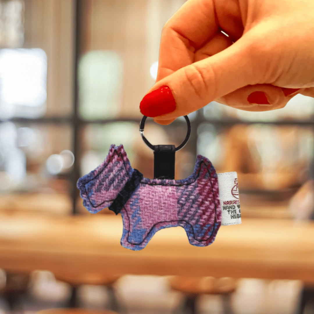 Harris Tweed Scottie Dog Keyring - Pink and Blue Tartan - The Celtic Gift Store - Gift