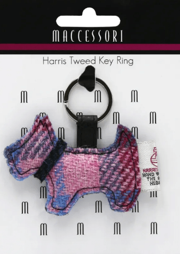 Harris Tweed Scottie Dog Keyring - Pink and Blue Tartan - The Celtic Gift Store - Gift