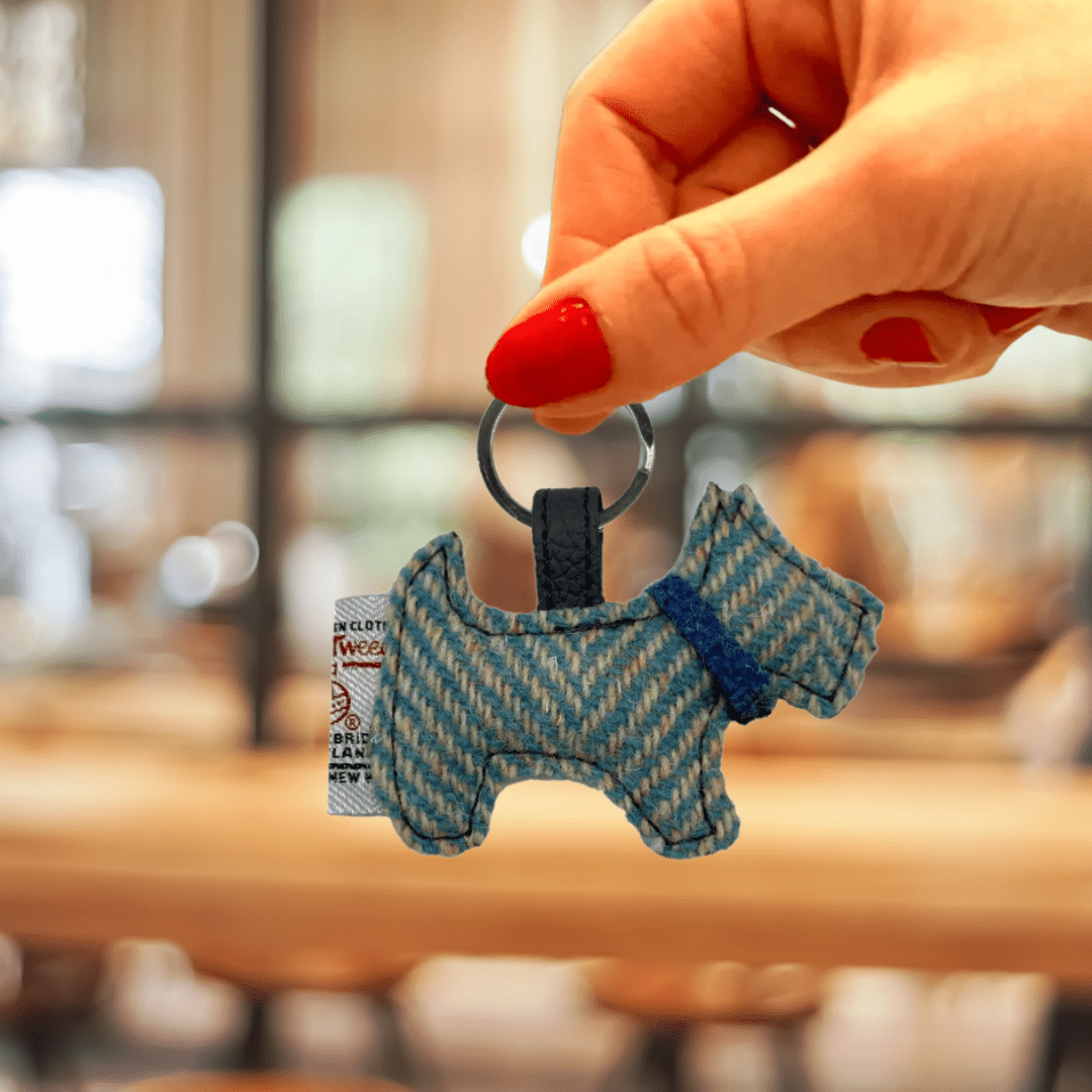 Harris Tweed Scottie Dog Keyring - Turquoise Herringbone - The Celtic Gift Store - Gift