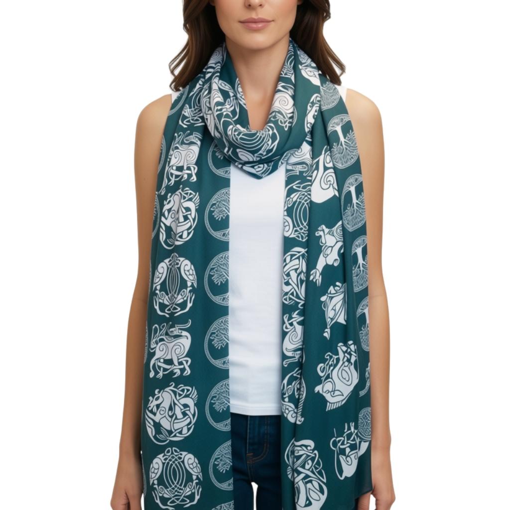 Irish Celtic Symbols Scarf - Green/White