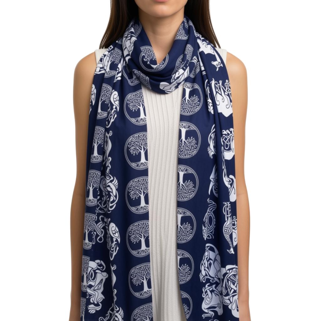 Irish Celtic Symbols Scarf - Navy/White