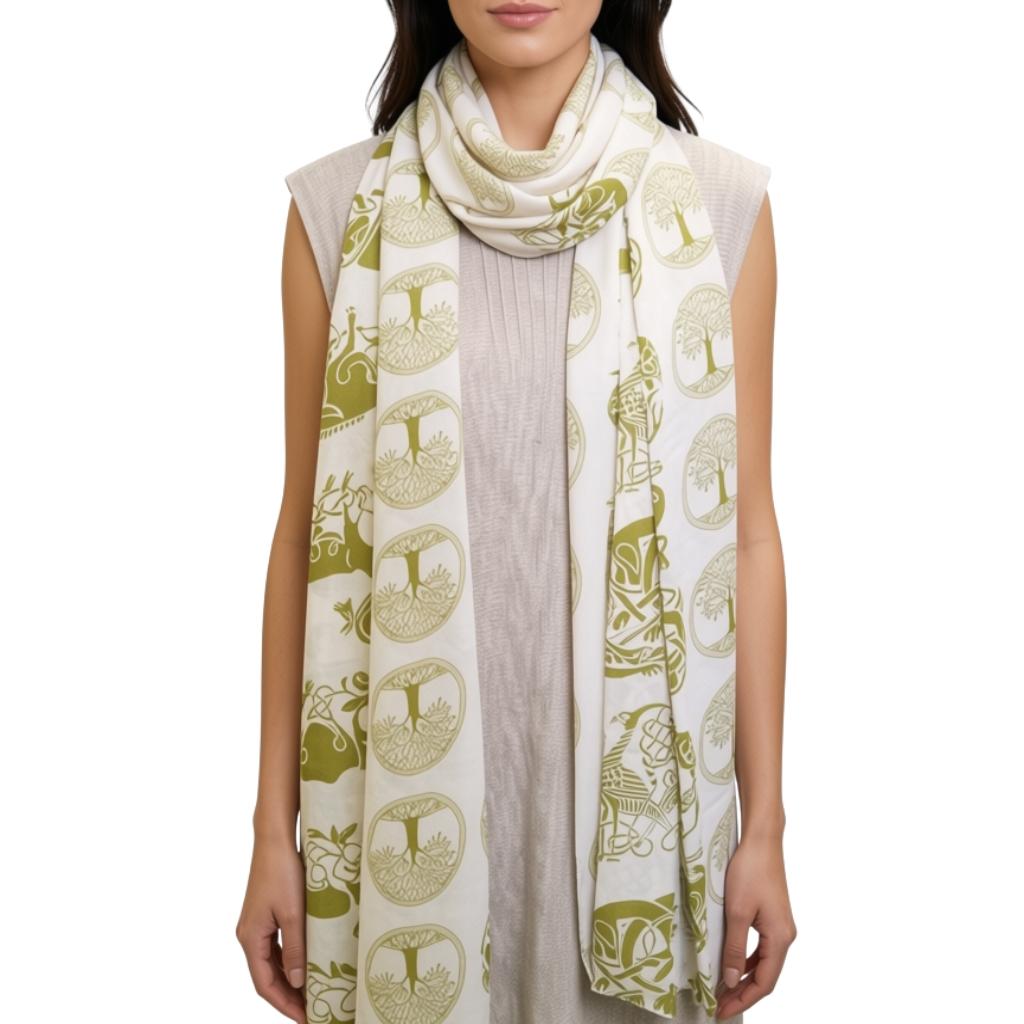 Irish Celtic Symbols Scarf - White/Light Green