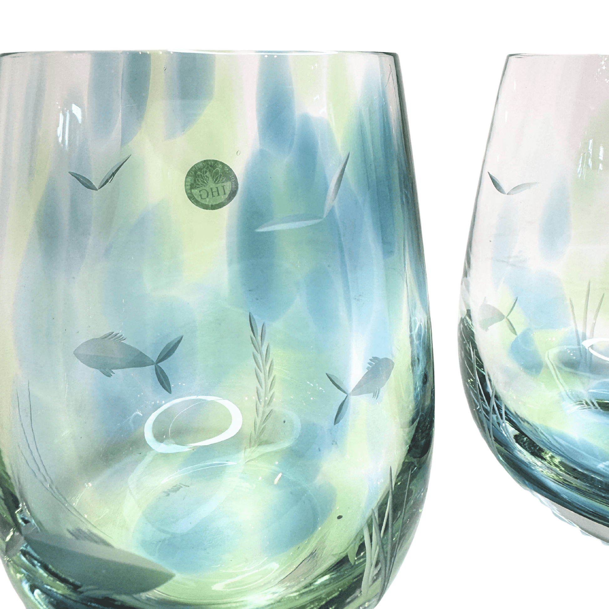 Irish Handmade Glass Company Seagrass Stemless Wine Glass Pair - The Celtic Gift Store - Decor