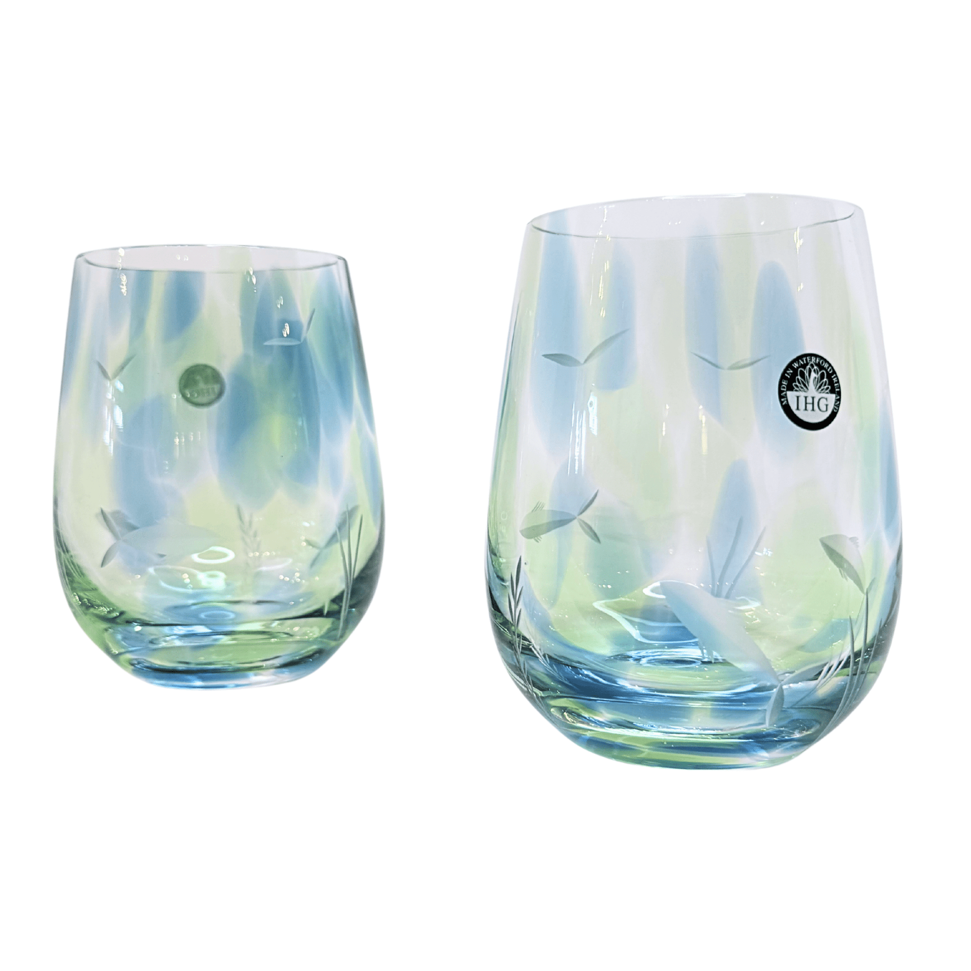 Irish Handmade Glass Company Seagrass Stemless Wine Glass Pair - The Celtic Gift Store - Decor