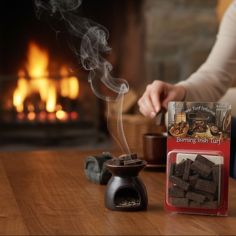 Person using a turf incense burner with packaging in front of a fireplace