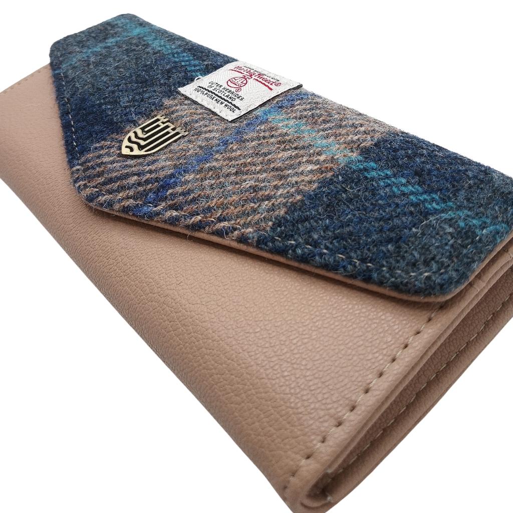 Islander Harris Tweed Large Clasp Clutch Purse 'Navy Beige Tartan'