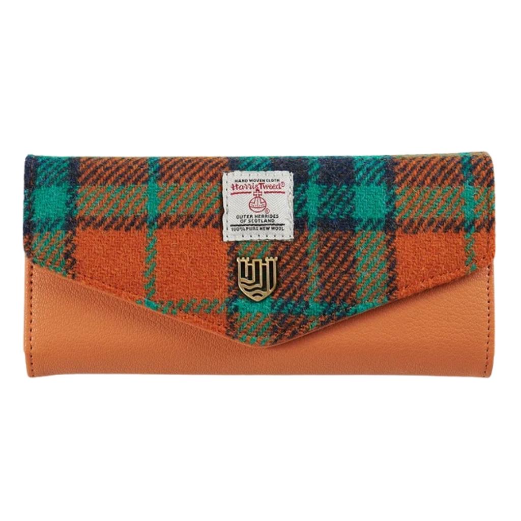Islander Harris Tweed Large Clasp Clutch Purse 'Orange and Blue Tartan'