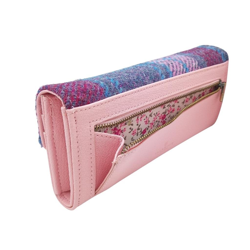 Islander Harris Tweed Large Clasp Clutch Purse 'Pink and Blue Tartan'
