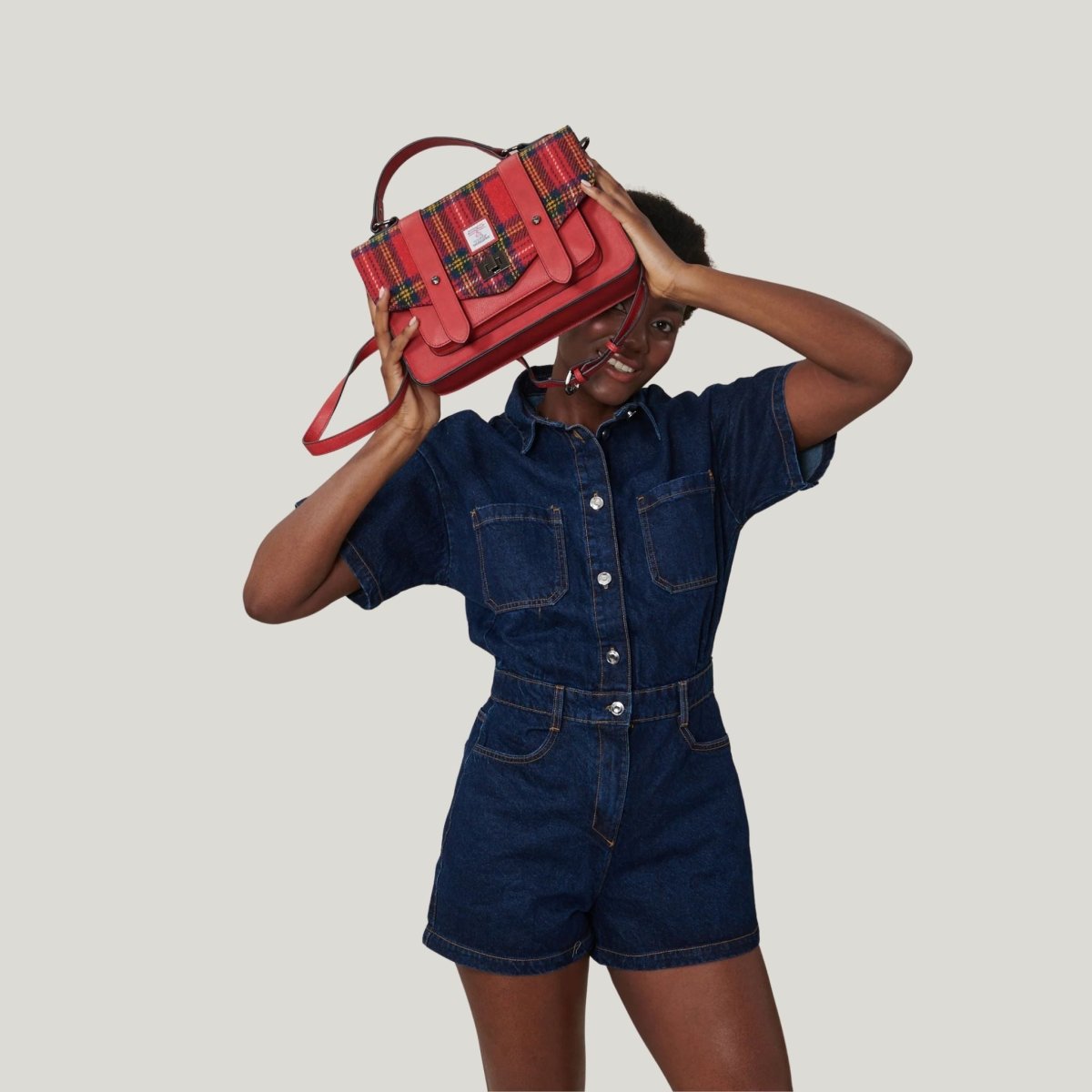 Islander Harris Tweed Large Satchel 'Chestnut and Blue Tartan'