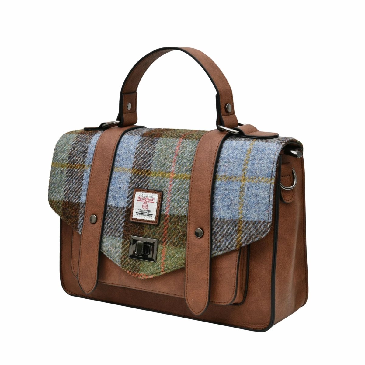 Islander Harris Tweed Large Satchel 'Chestnut and Blue Tartan'