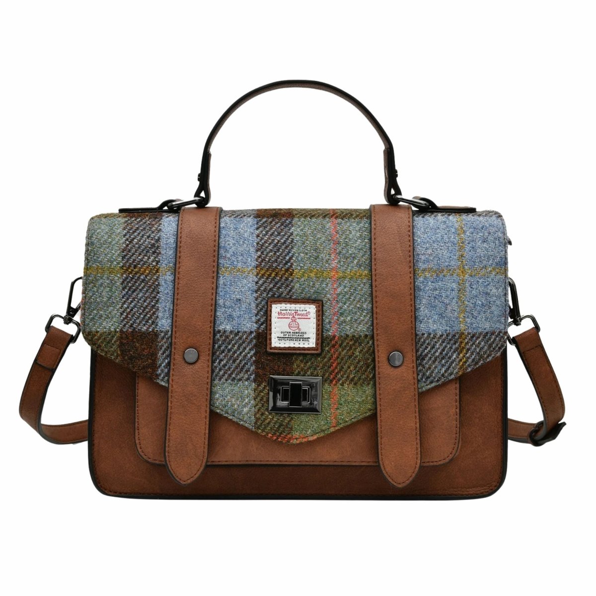 Islander Harris Tweed Large Satchel 'Chestnut and Blue Tartan'